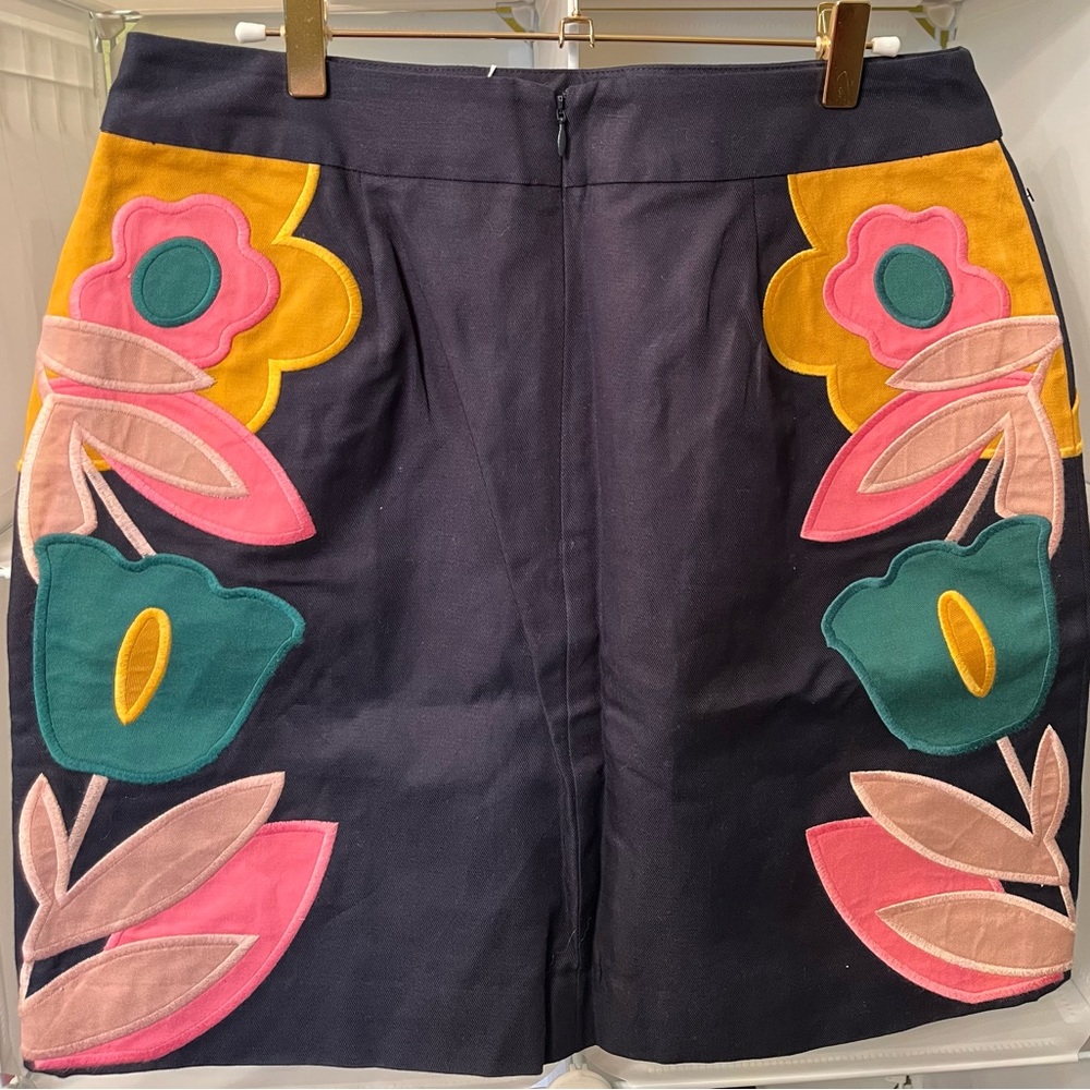 Boden Navy Mini Skirt with Pink, Yellow and Green Floral Appliqué - Picture 3 of 6